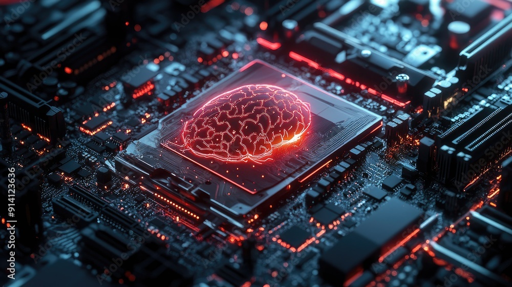 Aufkleber a futuristic motherboard with a brain design, supporting 12th core processors and emphasizing ai tec