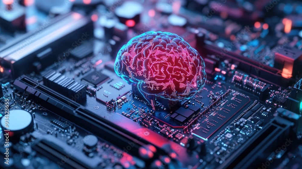 Poster a futuristic motherboard with a brain design, supporting 12th core processors and emphasizing ai tec