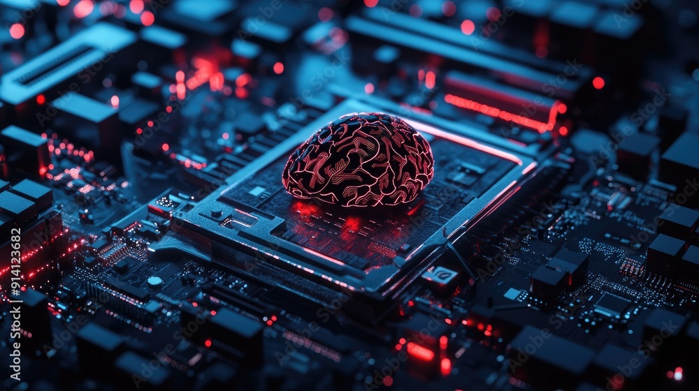 Poster a futuristic motherboard with a brain design, supporting 12th core processors and emphasizing ai tec