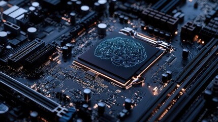 Fototapeta premium A futuristic motherboard with a brain design, supporting 12th Core processors and emphasizing AI technology and gaming