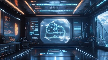 A futuristic workspace showcasing cloud computing interfaces, symbolizing business process automation and customer service management