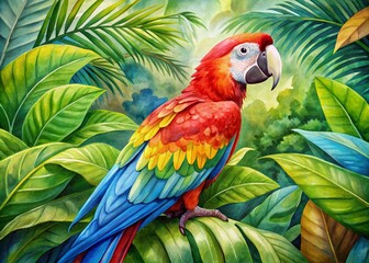 Obraz premium Vibrant watercolor illustration of a colorful macaw parrot perched on tropical leaves, surrounded by lush greenery, with bright plumage and expressive eyes.
