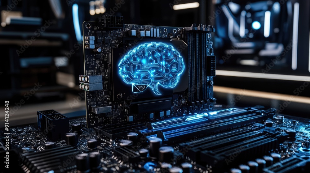 Poster a high-tech motherboard with a brain-like structure, supporting 12th core processors. ideal for high