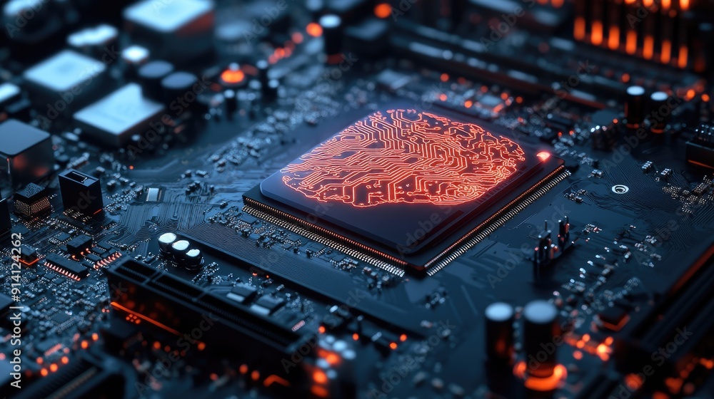 Poster a high-tech motherboard with a brain-like structure, supporting 12th core processors. ideal for high