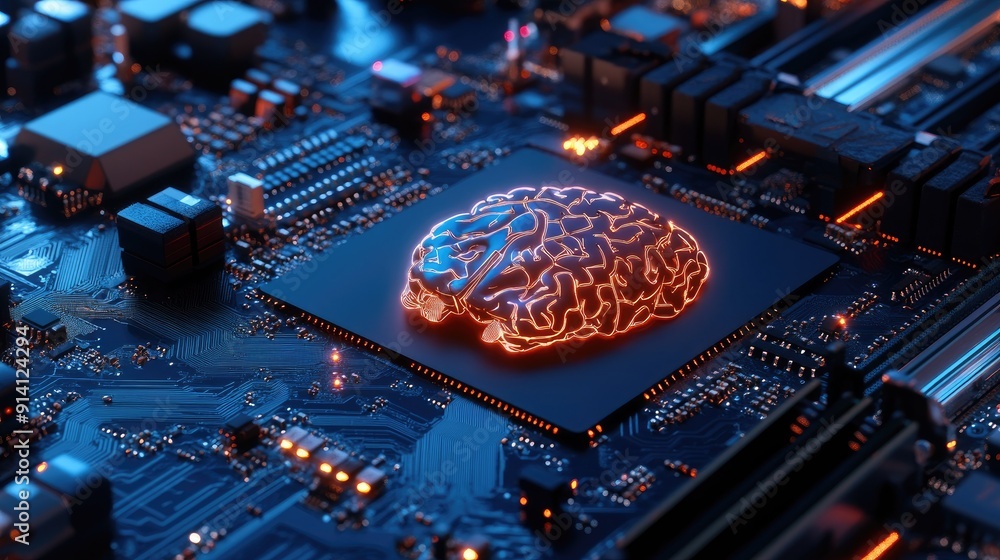 Poster a high-tech motherboard with a brain-like structure, supporting 12th core processors. the design emp