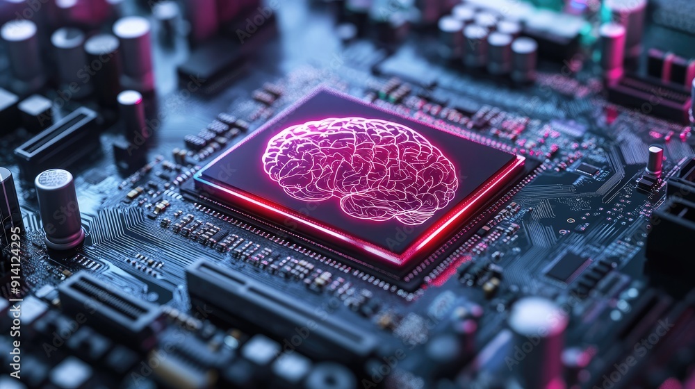 Poster a high-tech motherboard with a brain-like structure, supporting 12th core processors. the design emp