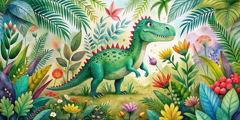 Vibrant green dinosaur stands amidst lush jungle foliage, surrounded by colorful leaves and exotic flowers, in a whimsical watercolor illustration.