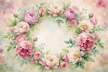 Obraz premium Soft focus watercolor rose wreath with peonies and delicate background paint creates a romantic and whimsical beautiful postcard or wallpaper photo perfect for any occasion.