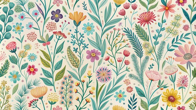 Vibrant hand-drawn wild meadow florals in soft pastel hues bursting with flowers, foliage, and whimsy in a stunning seamless pattern perfect for textile design.
