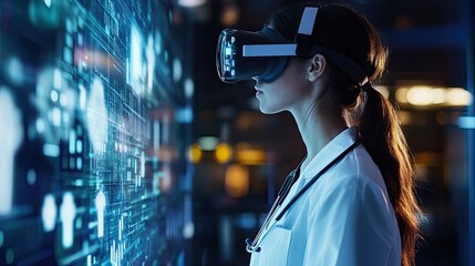 A medical researcher uses virtual reality goggles to explore AI-driven data visualization for disease diagnosis and treatment innovation.