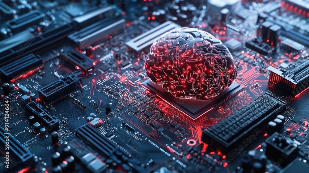 Poster a motherboard designed as a brain, representing advanced technology and ai generation. the board sup