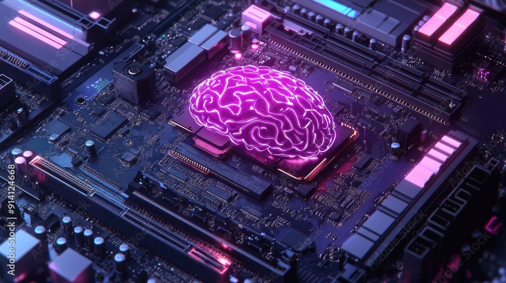 Poster a motherboard designed as a brain, representing advanced technology and ai generation. the board sup