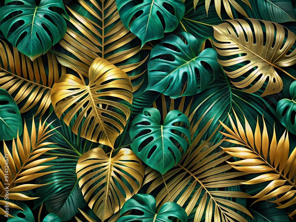 Poster vibrant green palm fronds and golden monstera leaves unfold in an intricate luxury pattern, evoking 