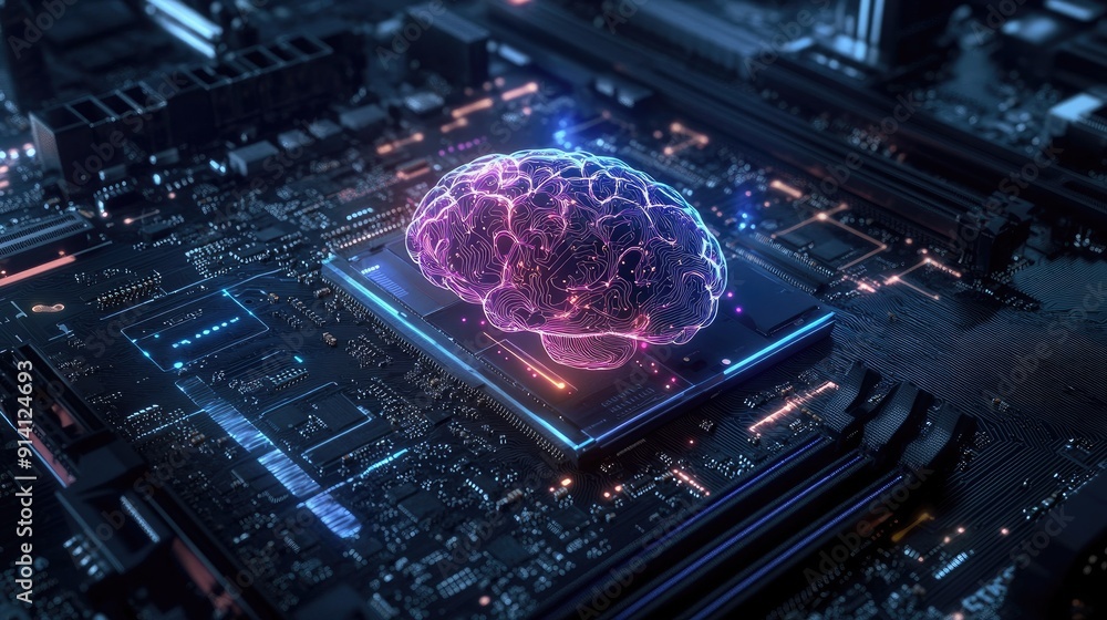 Poster a motherboard designed as a brain, representing advanced technology and ai generation. the board sup