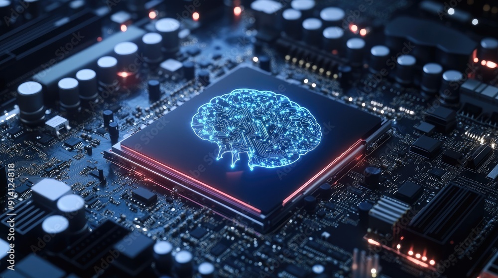 Poster a motherboard with a brain-inspired layout, emphasizing advanced technology, ai capabilities, and su