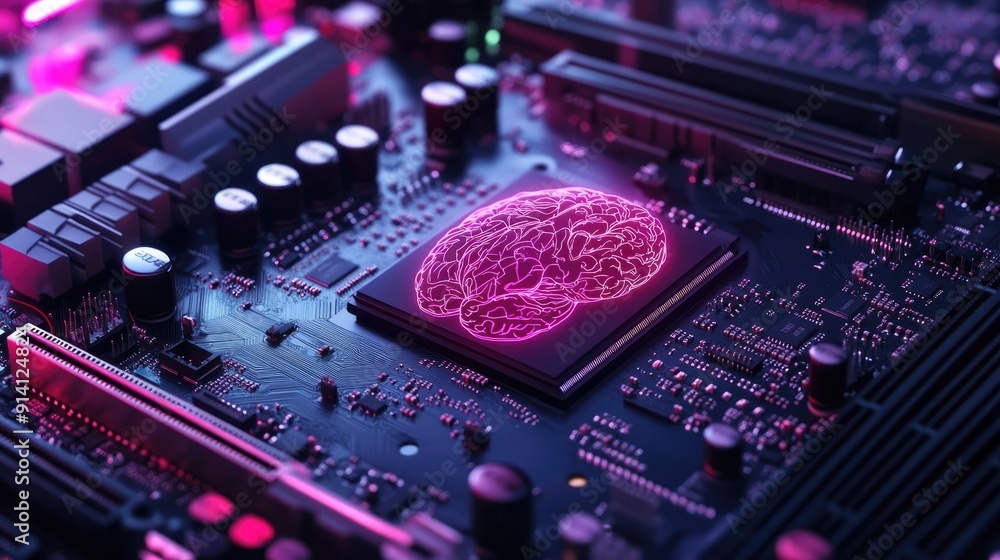 Poster a motherboard with a brain-inspired layout, emphasizing advanced technology, ai capabilities, and su