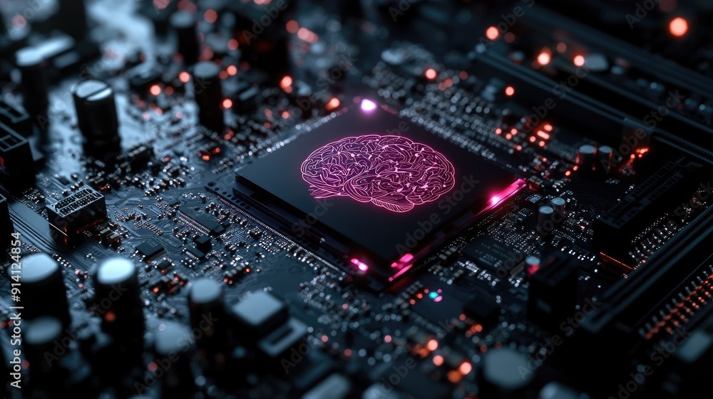Poster a motherboard with a brain-inspired layout, emphasizing advanced technology, ai capabilities, and su