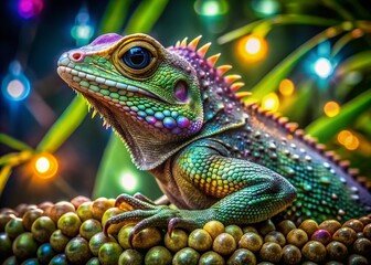 Obraz premium Vibrant, iridescent lizard with swirling, psychedelic scales and eyes shimmering like diamonds, perched on a crystal-encrusted branch amidst lush, exotic foliage.