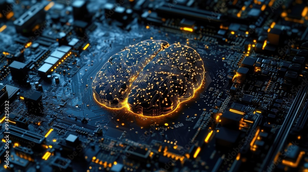 Poster a motherboard with a brain-like structure, symbolizing cutting-edge technology and ai. the board sup