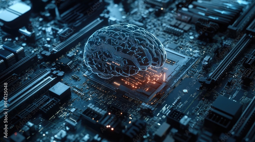 Poster a motherboard with a brain-like structure, symbolizing cutting-edge technology and ai. the board sup