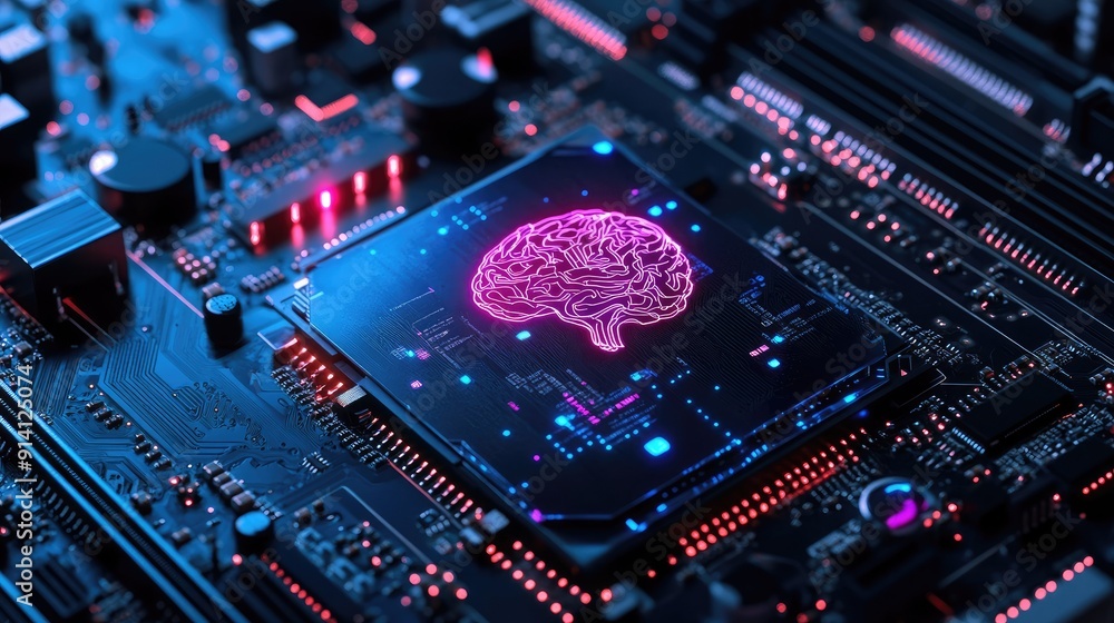 Poster a motherboard with a futuristic brain design, supporting 12th core processors. ideal for high-perfor