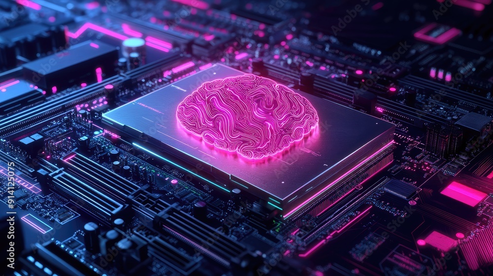 Poster a motherboard with a futuristic brain design, supporting 12th core processors. ideal for high-perfor