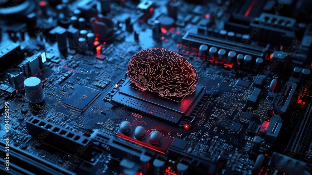 Poster a motherboard with a futuristic brain design, supporting 12th core processors. ideal for high-perfor