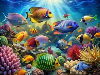 Obraz premium Vibrant coral reef teeming with diverse schools of colorful fish, including angelfish, butterflyfish, and parrotfish, surrounded by seaweed and ocean blue waters.