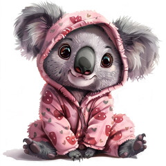 Cute cartoon koala in pink pajamas sitting playfully with hearts © aviavlad