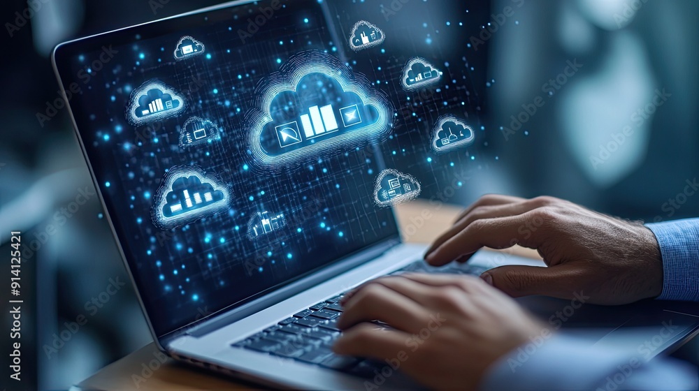 Poster a professional working on a laptop with cloud computing icons, representing digital transformation a