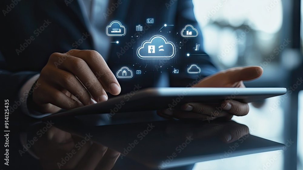 Poster a professional using a tablet with cloud computing icons, representing the shift to digital business