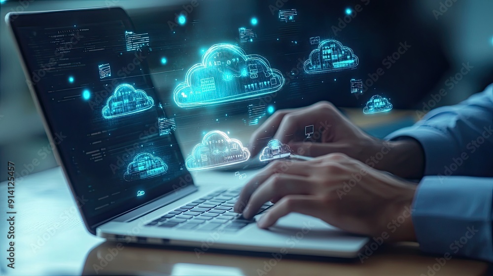 Poster a professional working on a laptop with cloud computing icons, representing digital transformation a