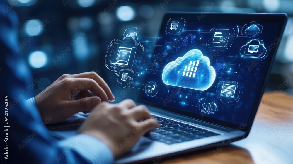 Poster a professional working on a laptop with cloud computing icons, representing digital transformation a