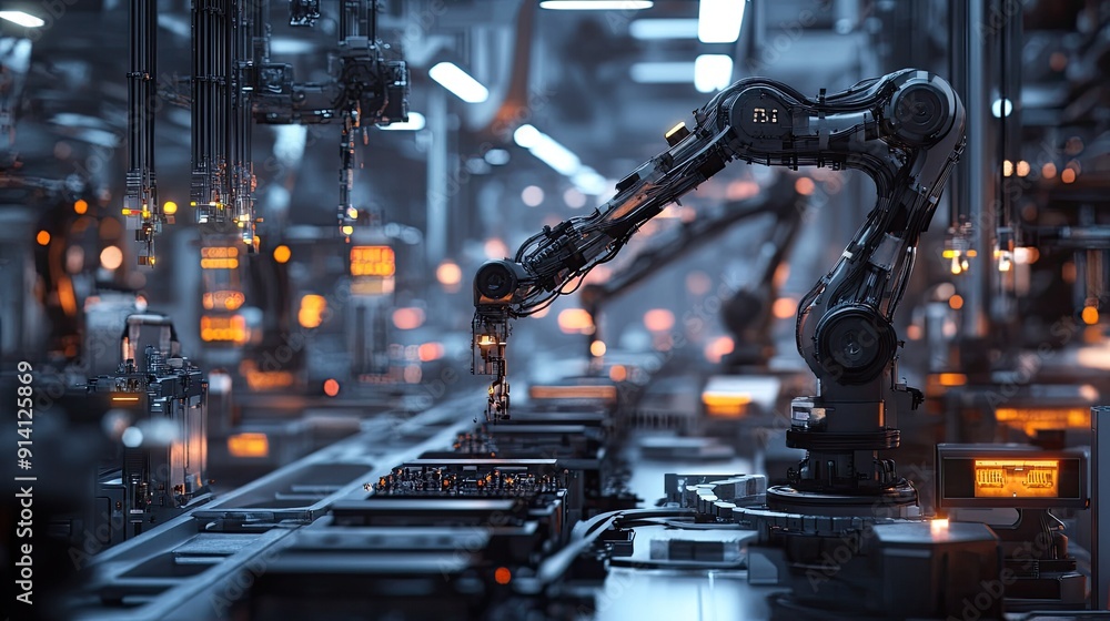 Aufkleber a smart factory floor with robotic arms and automated machinery, connected to an internet network, s