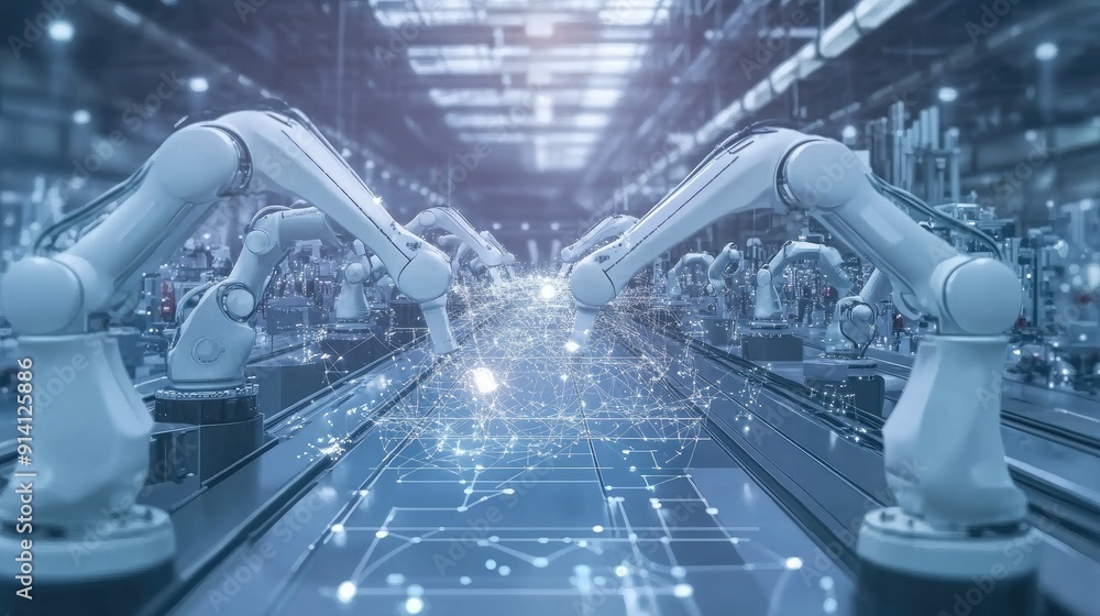 Poster a smart factory floor with robotic arms and automated machinery, connected to an internet network, s