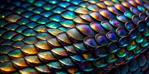 Obraz premium Intricate, glossy black scales of mythical creatures shimmer in light, revealing microscopic texture and subtle iridescence, evoking mystique and ancient power in high-contrast macro.
