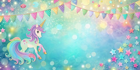 Vibrant pastel-colored background with glittering pony, mermaid-scale border, confetti, and a magical banner, perfect for a whimsical and festive birthday party invitation.
