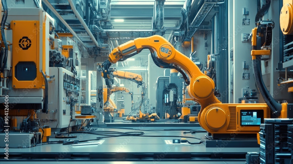 Poster a smart factory with robotic systems and digital interfaces, showcasing the role of internet network