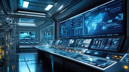 Obraz premium A smart factory's control room with a digital interface displaying automation system data, illustrating Industry 4.0 technology.