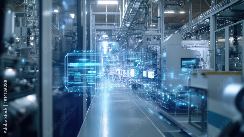 Aufkleber a smart industry factory with connected machines and data flow, highlighting the role of technology 