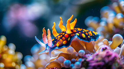 Colorful sea slug slowly moving among the vibrant coral reef in the clear blue ocean.