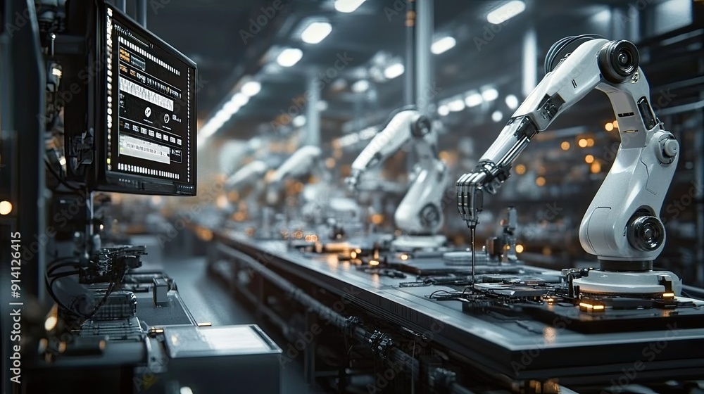 Poster a smart manufacturing setup with robots and smart systems, connected to an internet network, represe