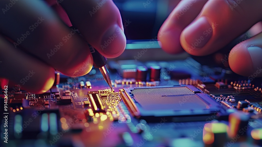 Aufkleber a technician aligning a cpu with the pins of a motherboard socket, demonstrating the delicate nature