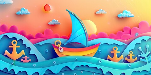 Paper cut sailboat with anchors in the ocean.