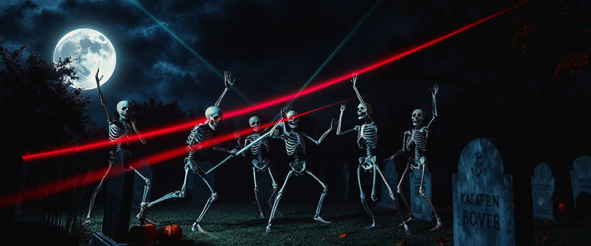rave party notturno di scheletri in un cimitero per la festa di ognissanti, Halloween