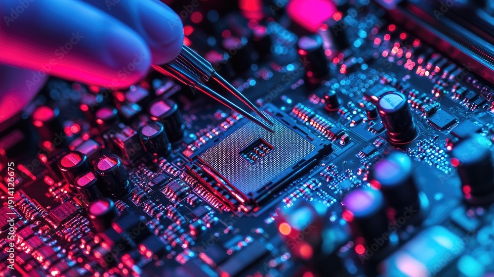 Aufkleber a technician using tweezers to position a cpu onto a computer motherboard, showcasing the precision 