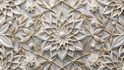 Intricate white geometric floral leaves pattern embedded in a luxurious 3d marble texture, evoking modern elegance and sophisticated minimalism in a high-end design.