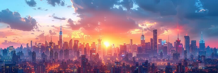 Fototapeta premium Stunning panoramic view of a city skyline at sunset with vibrant colors and dramatic clouds.