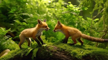 Two Red Fox Kits in a Lush Forest