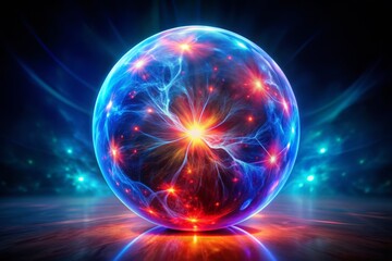 Obraz premium Vibrant, glowing blue-red sphere with abstract spots radiates intense energy, suspended in darkness, evoking a sense of otherworldly mystery and cosmic wonder.